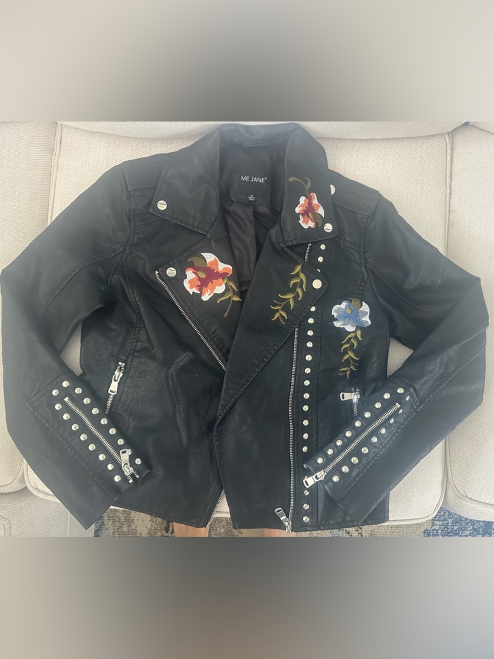 Me Jane Black Vegan Leather Moto Jacket with Floral Embroidery